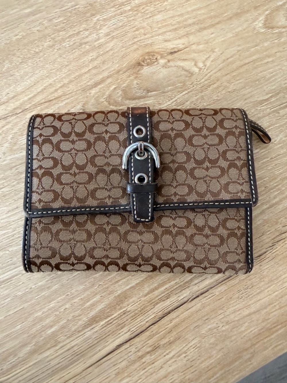 Coach Brown Signature Monogram Canvas and Leather Wallet with Buckle Accent
